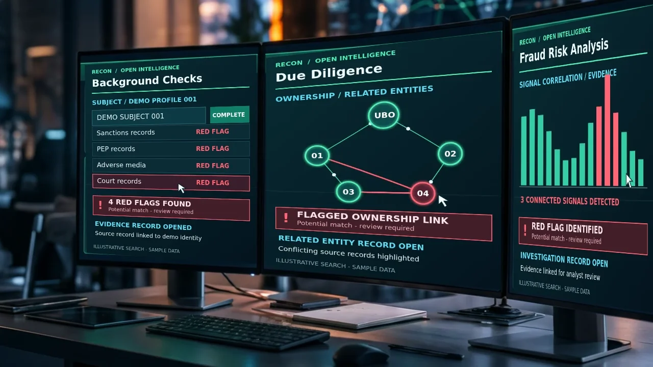 Illustrative Recon workstation showing a background-check dossier, company ownership due diligence, and fraud-risk evidence analysis using synthetic records.